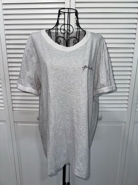 PINK VS Heather Stone Grey Double Logo Cotton Short Sleeve Campus Ringer T-Shirt